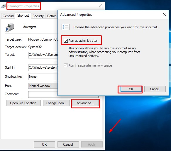 Create a Shortcut to Device Manager with Administrative Privileges -devShortcutProperties#3
