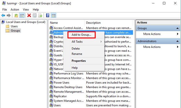 Add Your User Account to the Administrators Group- Add Group in local groups