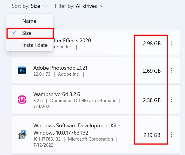 Delete or Uninstall unnecessary apps and features taking up storage - App Size Filter