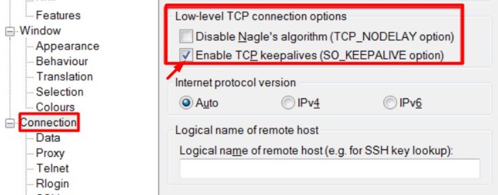 Enable TCP Keepalives via PuTTY Configuration - Enable tpc