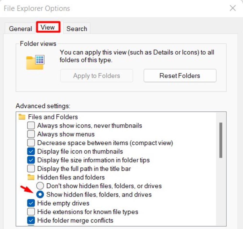 Method Navigate through Windows Explorer - File Explorer options - view hidden file tab
