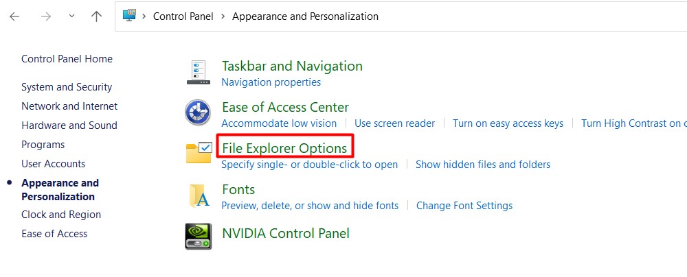 Method Navigate through Windows Explorer -file explorer options in control panel appearance#1