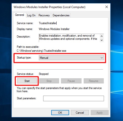 Reload The Trusted-Installer Module - Startup Type Manual