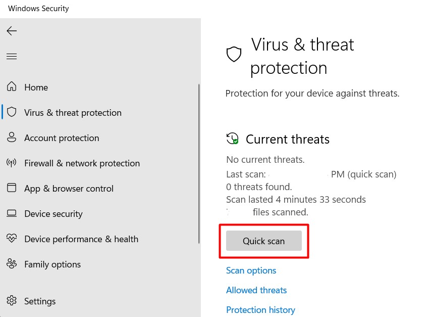 Scan For Virus Attacks - Windows Defender Quick Scan