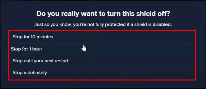 Turn Off All Shields - Avast Shield timeframe