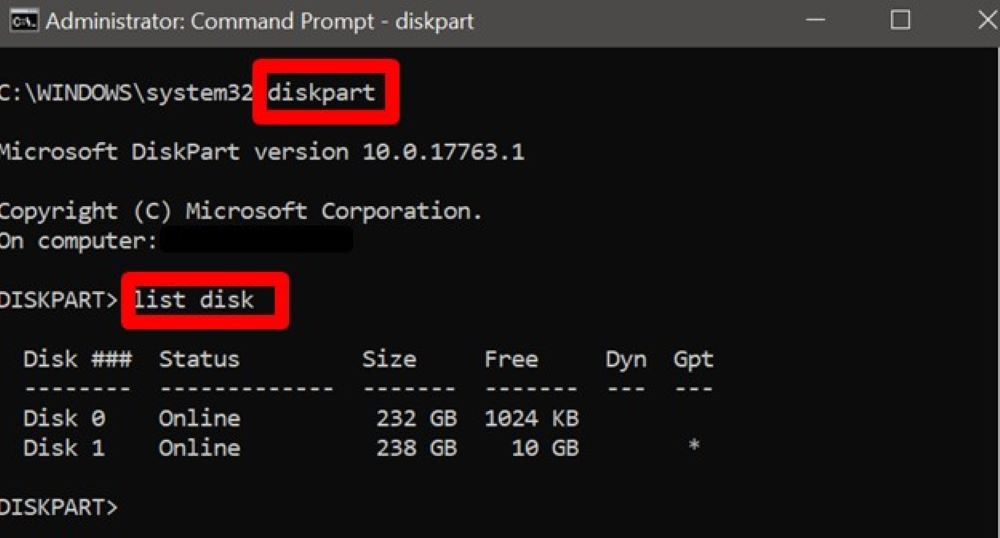 Using a command prompt to change the hard drive's format - diskpart - list disk#2