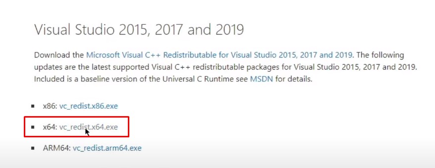 Reinstall Ms Visual C++ Redistributable  - Visual Studio 2015