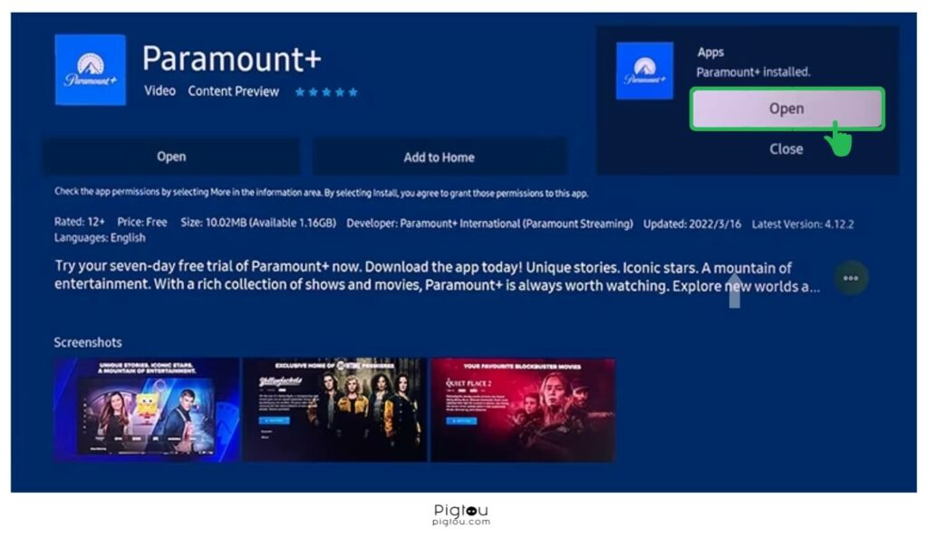 Open an installed Paramount+ app on your Samsung TV