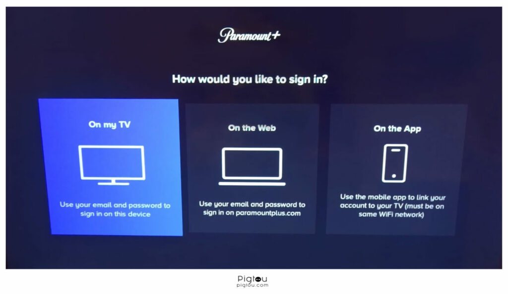 Options to sign in to Paramount Plus account