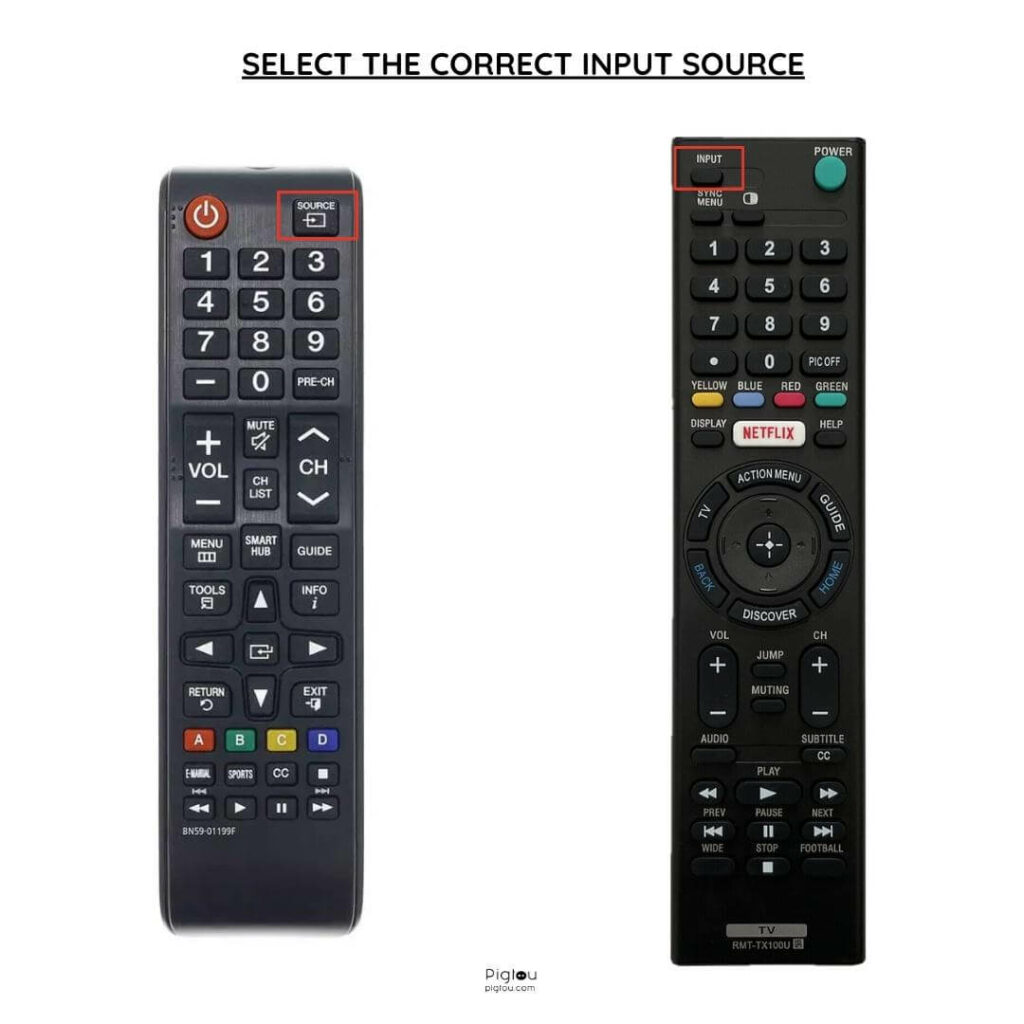 Select the correct input source on TV remote
