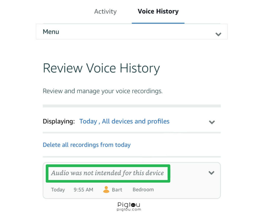 'Audio was not intended for this device' in Alexa voice history