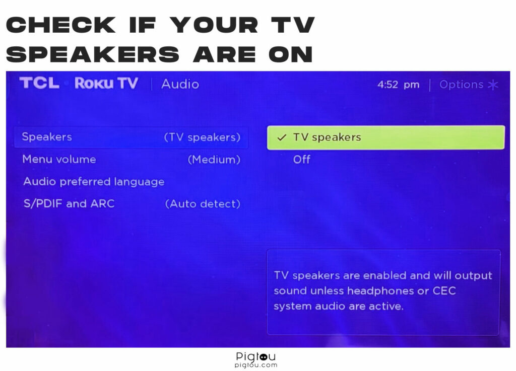 Verify TV speakers are enabled on Roku