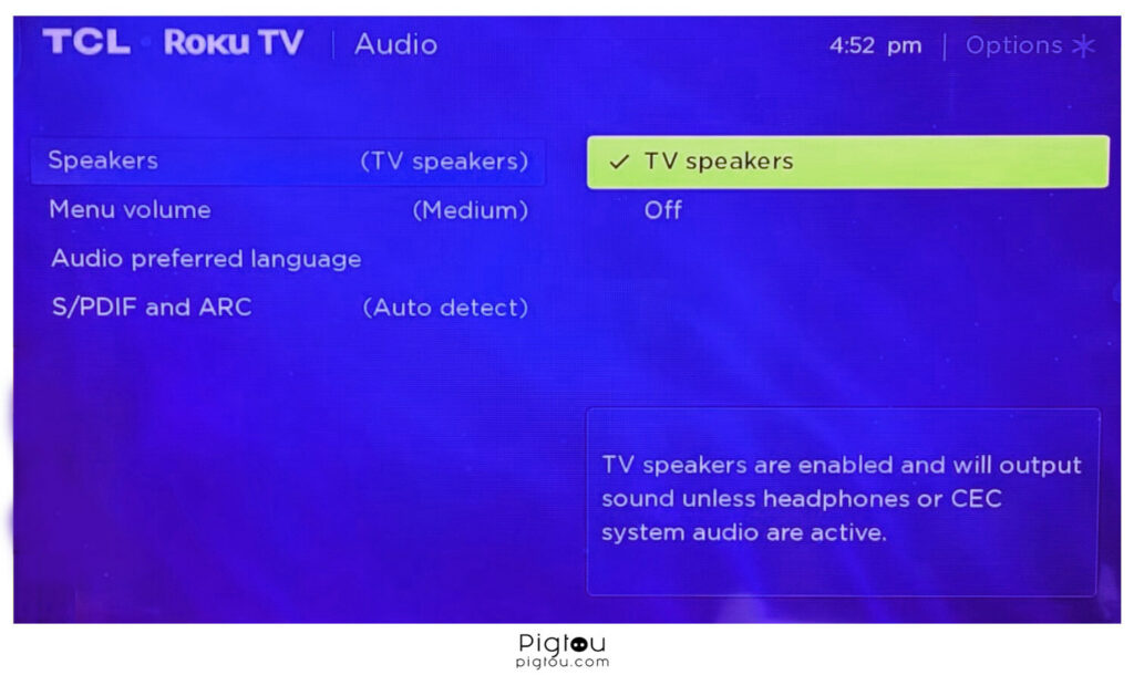 Verify the speakers are enabled on Hisense Roku TV