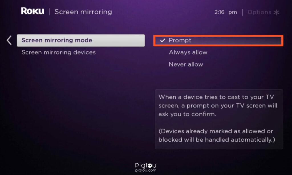 Set screen mirroring mode to Prompt or Always Allow