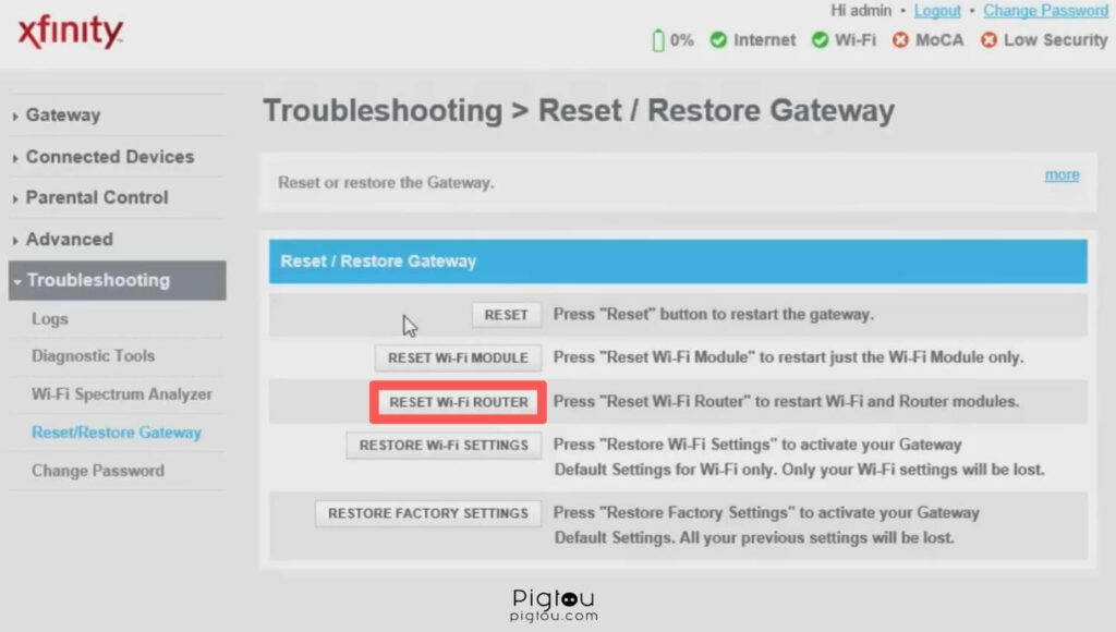 Click on th reset WiFi router button