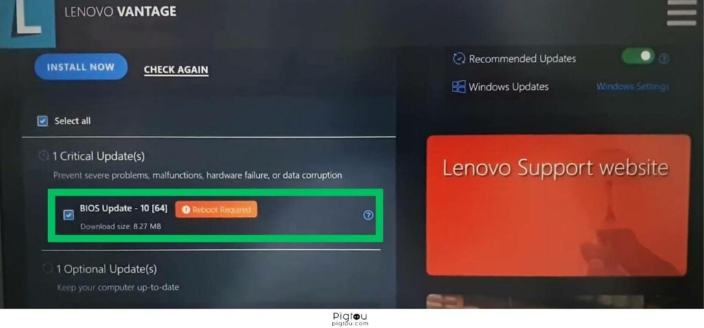 Install the BIOS update via Lenovo Vantage