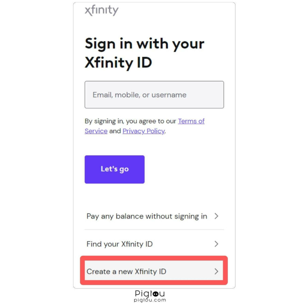 Select 'Create a new Xfinity ID'