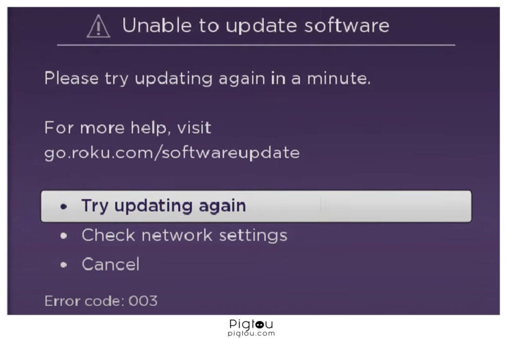 'Unable to update software' error message