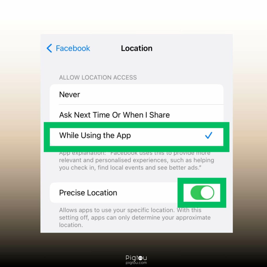 Allow location access in Facebook app settings