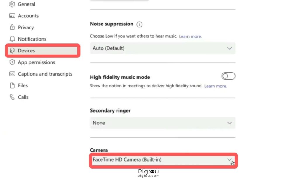 Verify the selected camera in Teams settings